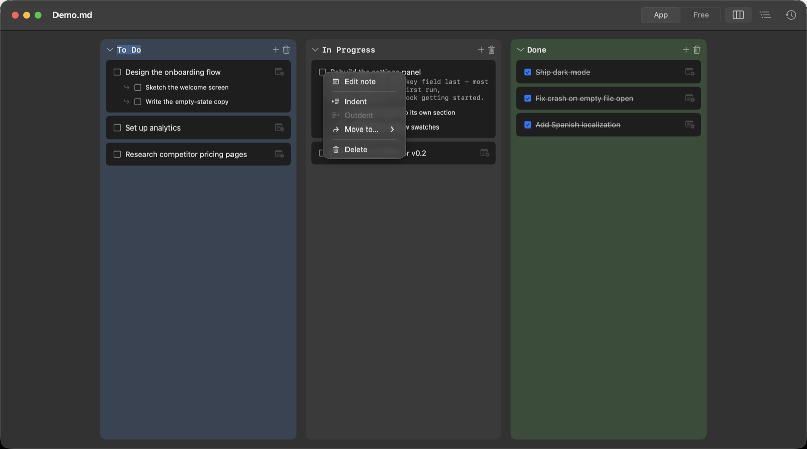 Right-click context menu with Edit note, Indent, Move to, and Delete