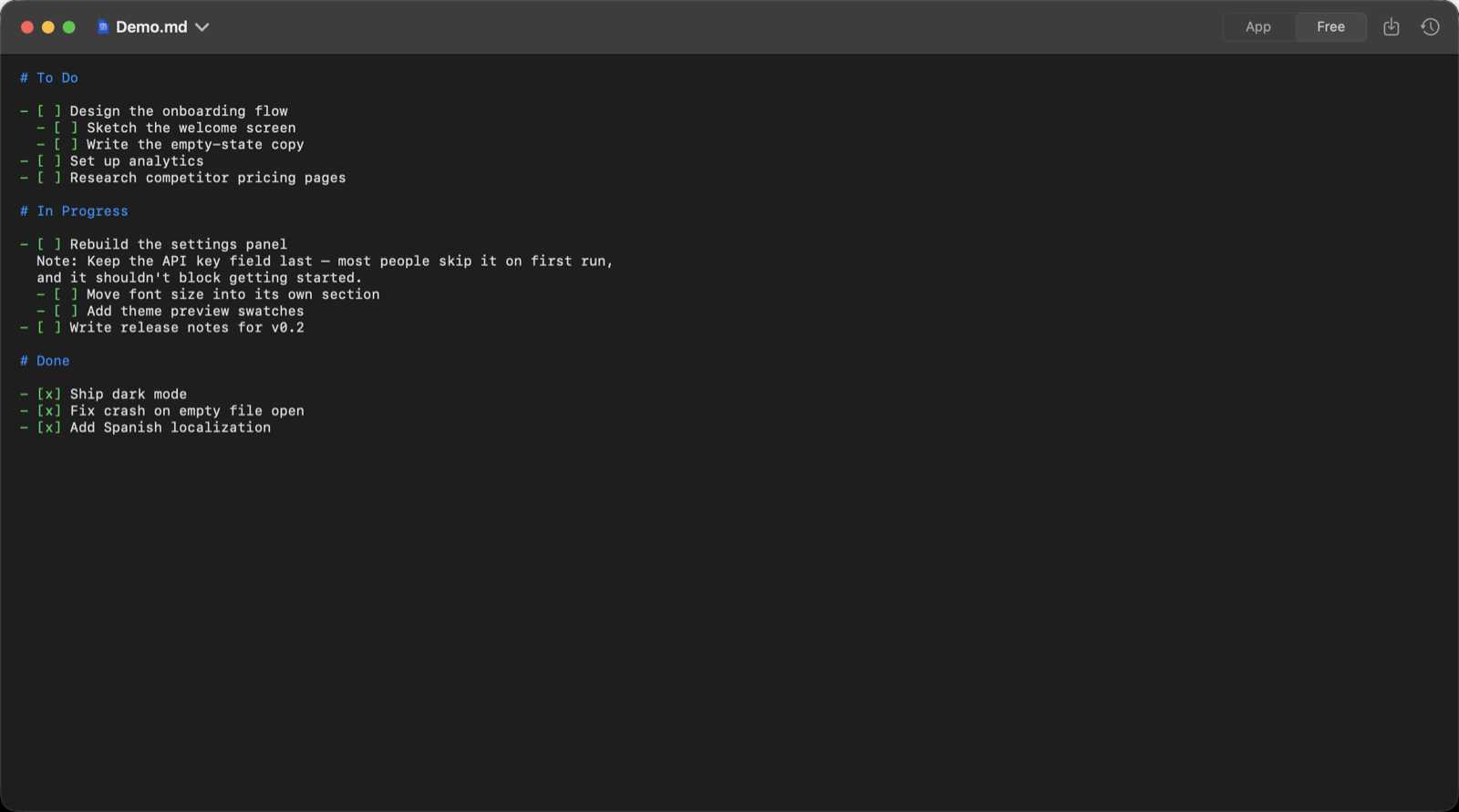 Free Mode: the raw Markdown file, syntax highlighted