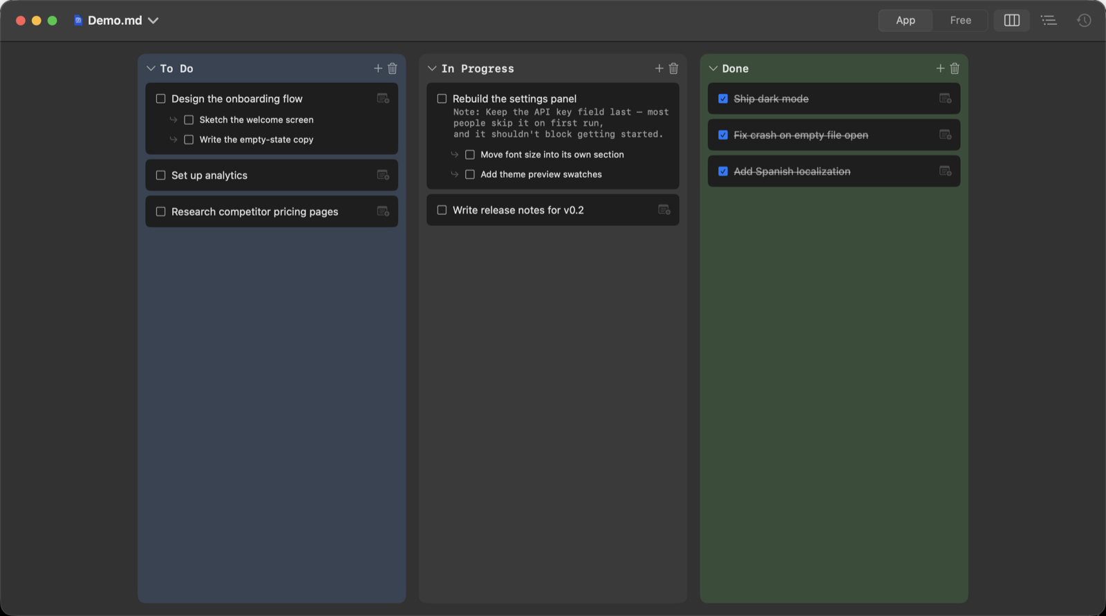 Listo's Kanban board, showing To Do, In Progress and Done columns with tasks, subtasks, and a note.